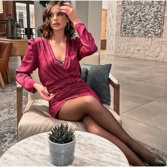 ZARA BLOGGER FAVORITE SATIN EFFECT PRINT DRESS FUCHSIA - Picture 3 of 14